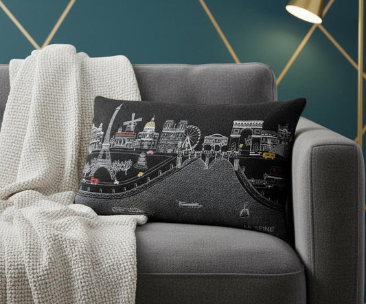 14" X 24" Dark Gray And White Paris Nighttime Skyline Lumbar Decorative Pillow