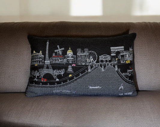 25" Black Paris Nighttime Skyline Standard Lumbar Decorative Pillow FurniFindUSA