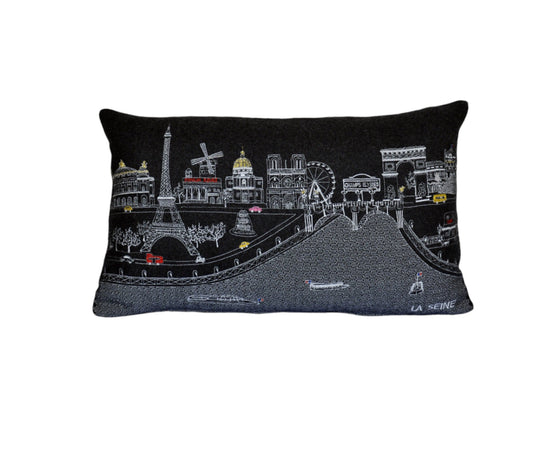 25" Black Paris Nighttime Skyline Standard Lumbar Decorative Pillow FurniFindUSA