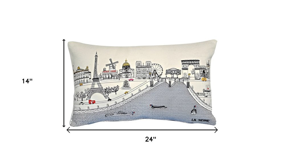 14" X 24" Dark Gray And White Paris Nighttime Skyline Lumbar Decorative Pillow HomeRoots