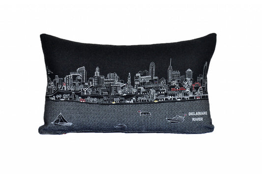 25" Black Philadelphia Nighttime Skyline Lumbar Decorative Pillow FurniFindUSA