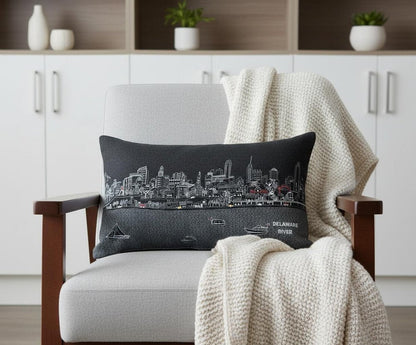 14" X 24" Dark Gray And White Philadelphia Nighttime Skyline Lumbar Decorative Pillow HomeRoots