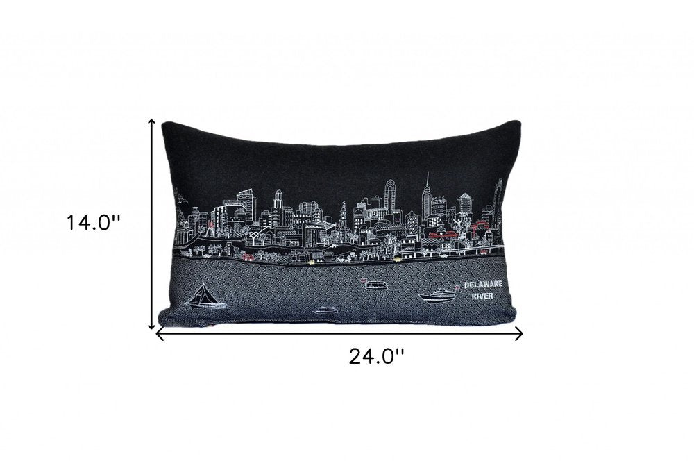 14" X 24" Dark Gray And White Philadelphia Nighttime Skyline Lumbar Decorative Pillow HomeRoots