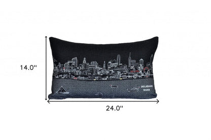 14" X 24" Dark Gray And White Philadelphia Nighttime Skyline Lumbar Decorative Pillow HomeRoots