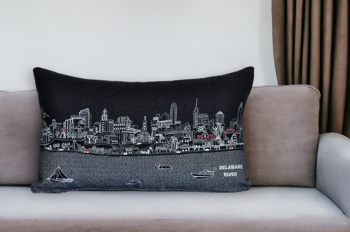25" Black Philadelphia Nighttime Skyline Lumbar Decorative Pillow FurniFindUSA