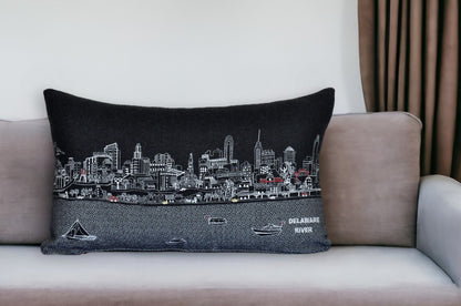 25" Black Philadelphia Nighttime Skyline Lumbar Decorative Pillow FurniFindUSA