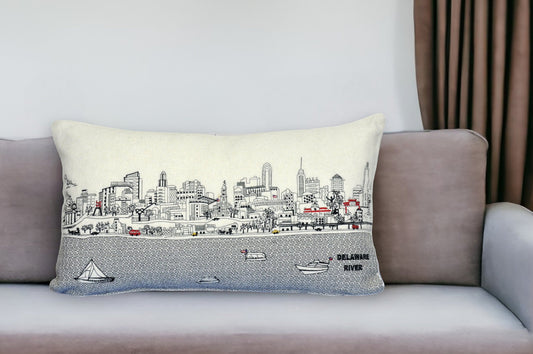 25" White Philadelphia Daylight Skyline Lumbar Decorative Pillow FurniFindUSA