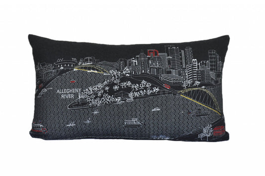 25" Black Pittsburgh Nighttime Skyline Lumbar Decorative Pillow FurniFindUSA