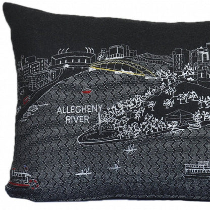 14" X 24" Dark Gray And White Pittsburgh Nighttime Skyline Lumbar Decorative Pillow HomeRoots