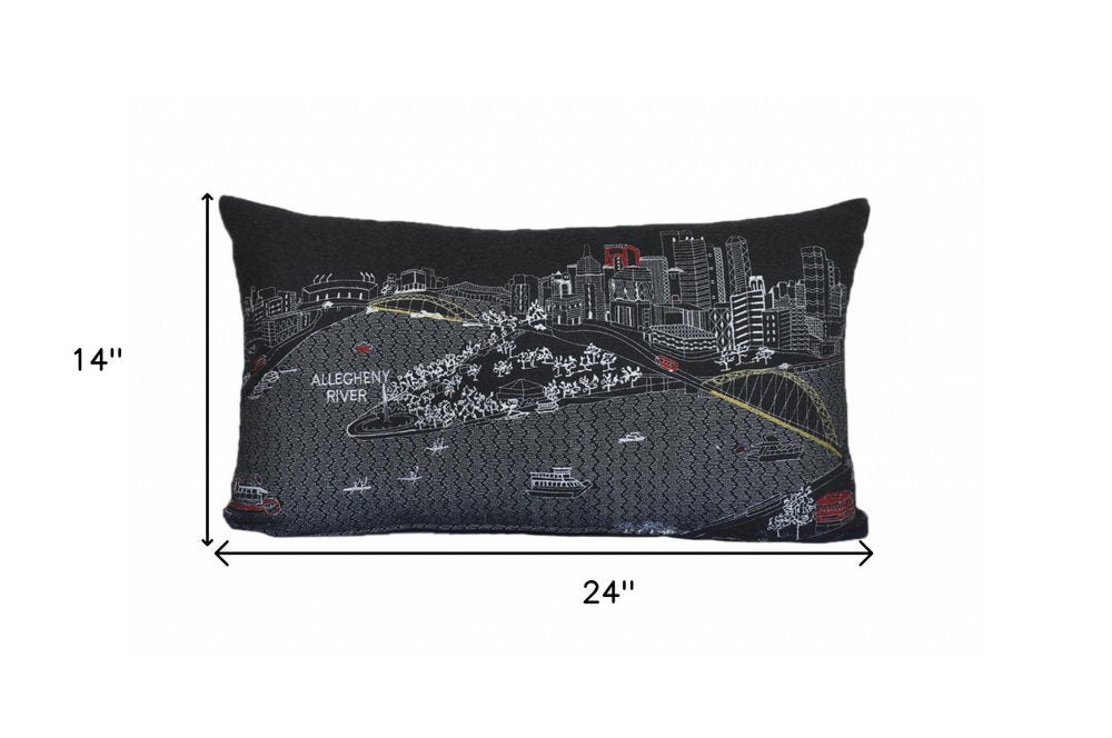 14" X 24" Dark Gray And White Pittsburgh Nighttime Skyline Lumbar Decorative Pillow HomeRoots