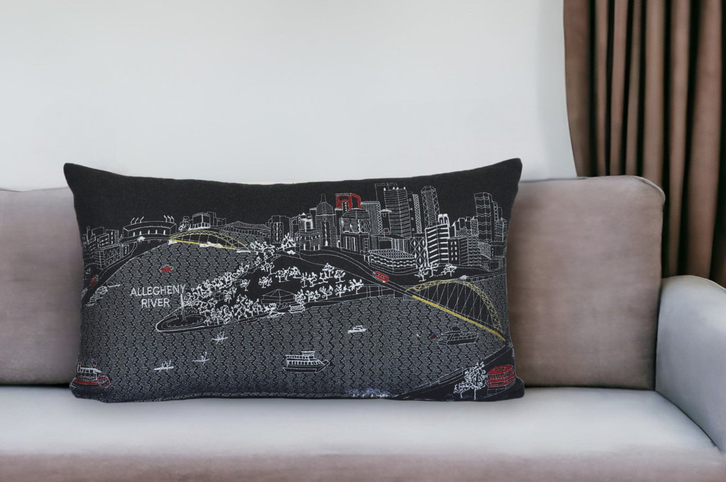 25" Black Pittsburgh Nighttime Skyline Lumbar Decorative Pillow FurniFindUSA