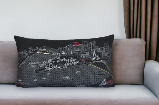 25" Black Pittsburgh Nighttime Skyline Lumbar Decorative Pillow FurniFindUSA
