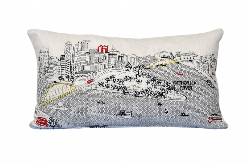14" X 24" Dark Gray And White Pittsburgh Nighttime Skyline Lumbar Decorative Pillow HomeRoots