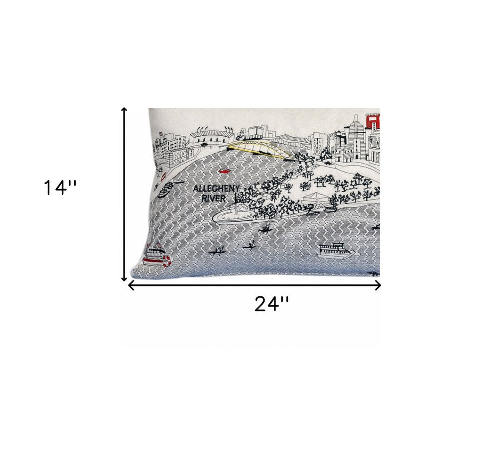 14" X 24" Dark Gray And White Pittsburgh Nighttime Skyline Lumbar Decorative Pillow HomeRoots
