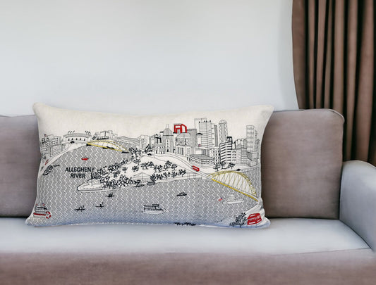 25" White Pittsburgh Daylight Skyline Lumbar Decorative Pillow FurniFindUSA