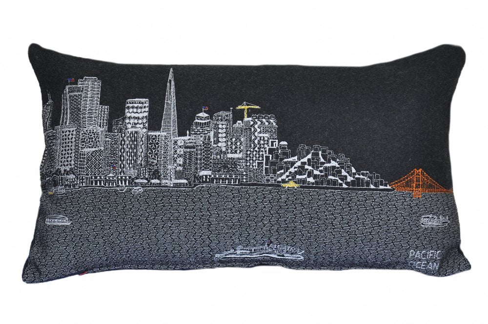 14" X 25" Dark Gray And White San Francisco Nighttime Skyline Lumbar Decorative Pillow — view 2