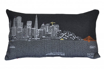 14" X 25" Dark Gray And White San Francisco Nighttime Skyline Lumbar Decorative Pillow HomeRoots