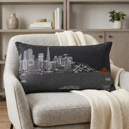 14" X 25" Dark Gray And White San Francisco Nighttime Skyline Lumbar Decorative Pillow HomeRoots