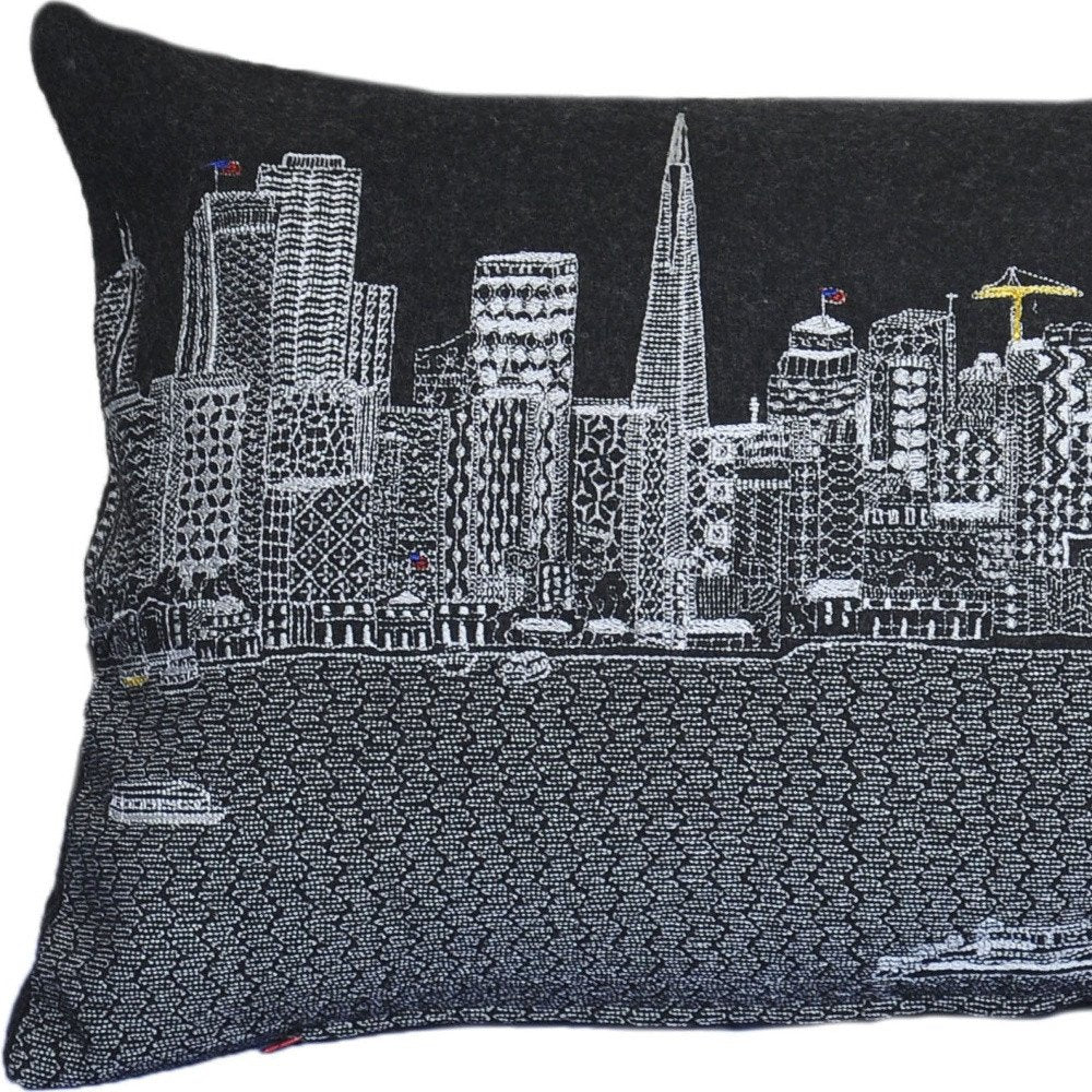 14" X 25" Dark Gray And White San Francisco Nighttime Skyline Lumbar Decorative Pillow — view 3