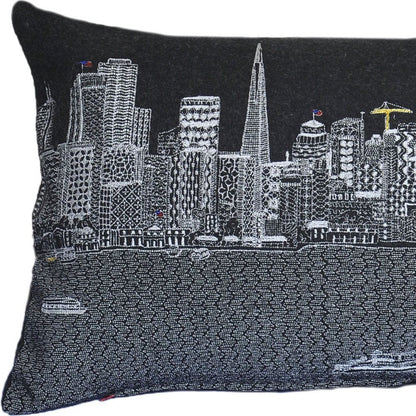 14" X 25" Dark Gray And White San Francisco Nighttime Skyline Lumbar Decorative Pillow HomeRoots