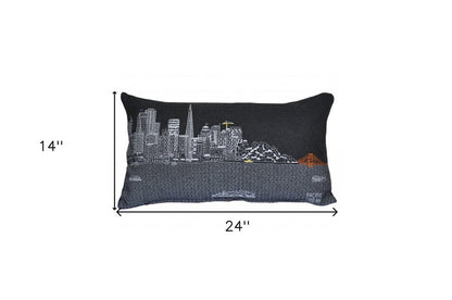 14" X 25" Dark Gray And White San Francisco Nighttime Skyline Lumbar Decorative Pillow HomeRoots
