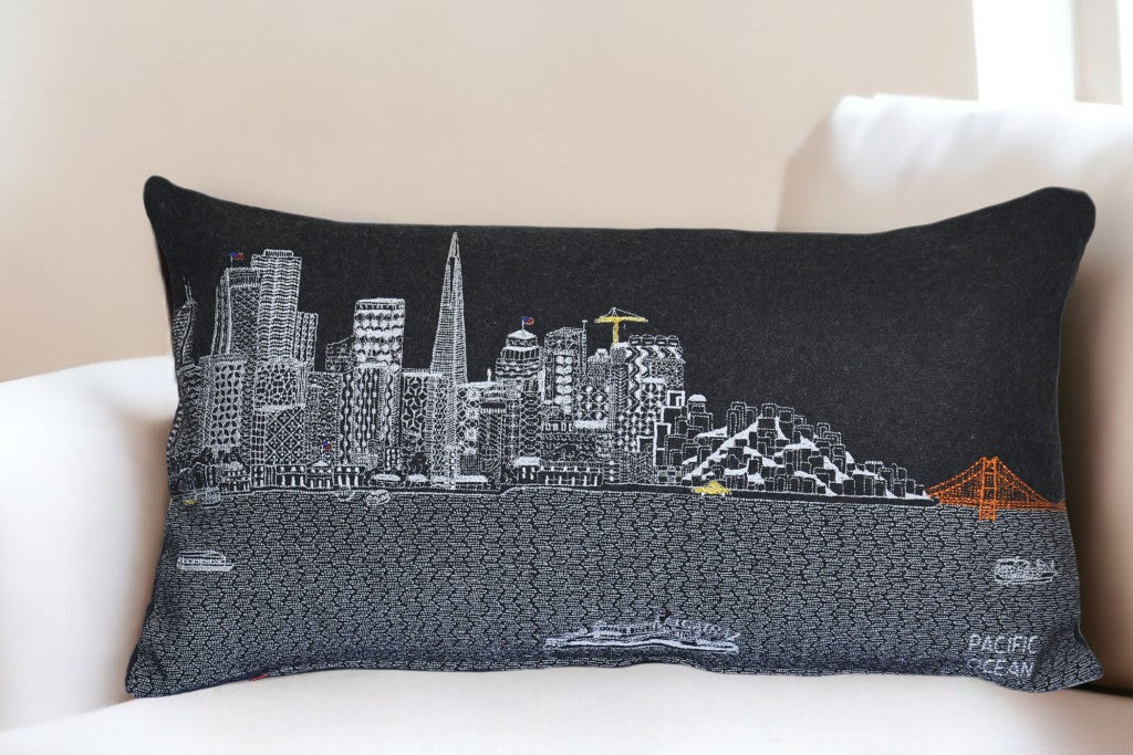 25" Black San Francisco Nighttime Skyline Lumbar Decorative Pillow FurniFindUSA