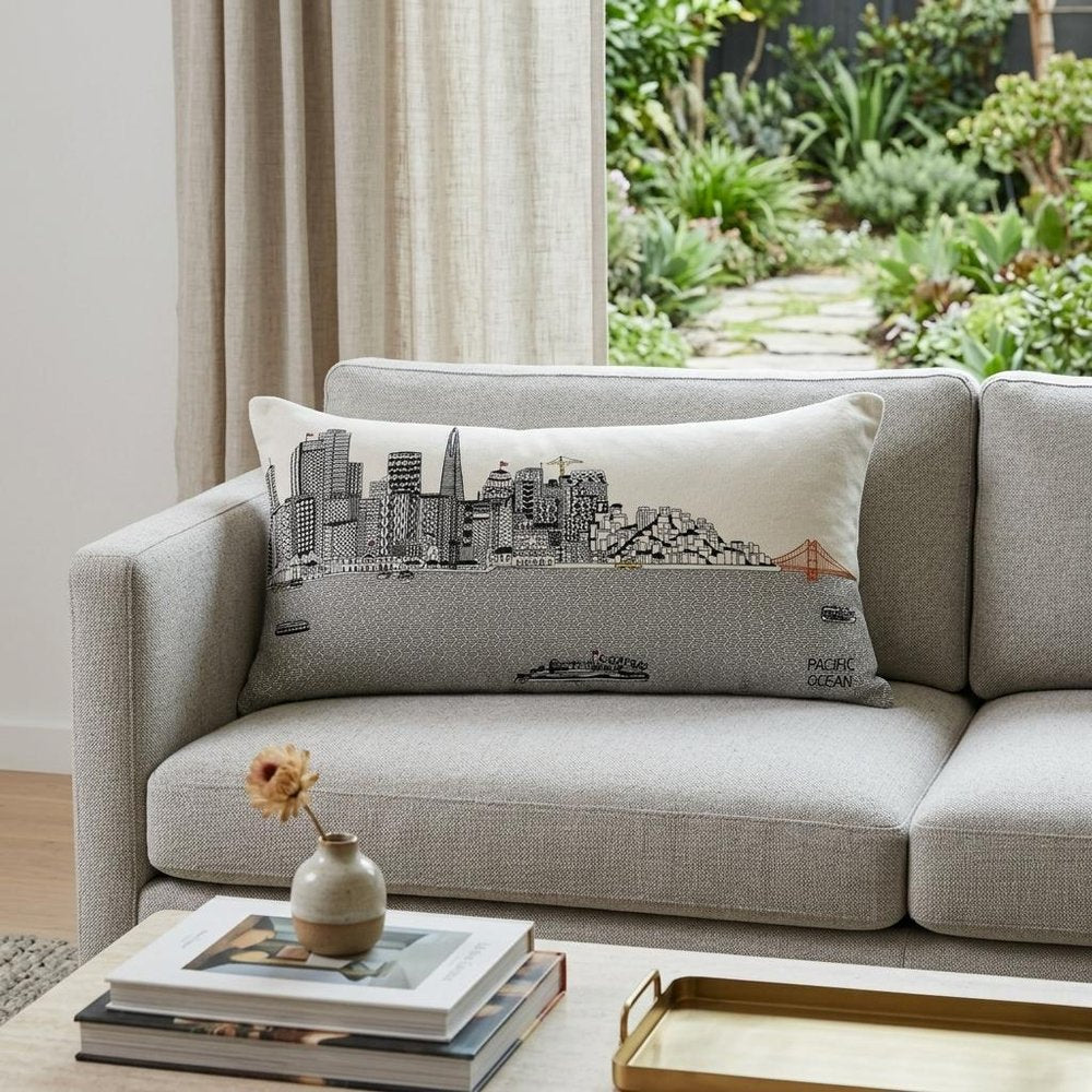 14" X 25" Dark Gray And White San Francisco Nighttime Skyline Lumbar Decorative Pillow HomeRoots