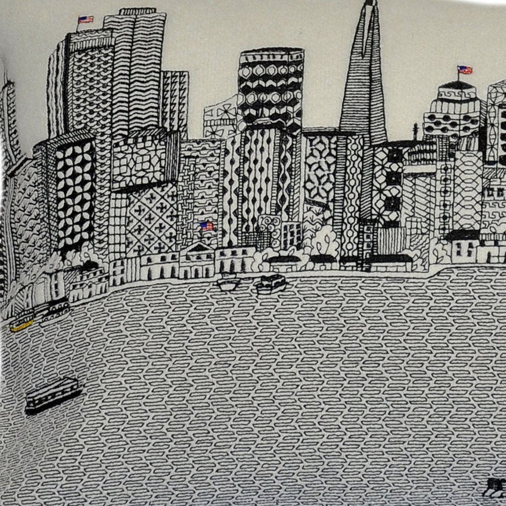 14" X 25" Dark Gray And White San Francisco Nighttime Skyline Lumbar Decorative Pillow HomeRoots