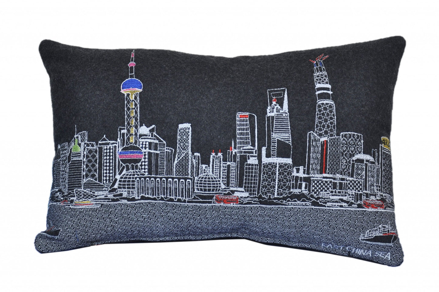 25" Black Shanghai  Nighttime Skyline Lumbar Decorative Pillow FurniFindUSA