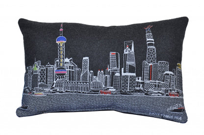 25" Black Shanghai  Nighttime Skyline Lumbar Decorative Pillow FurniFindUSA