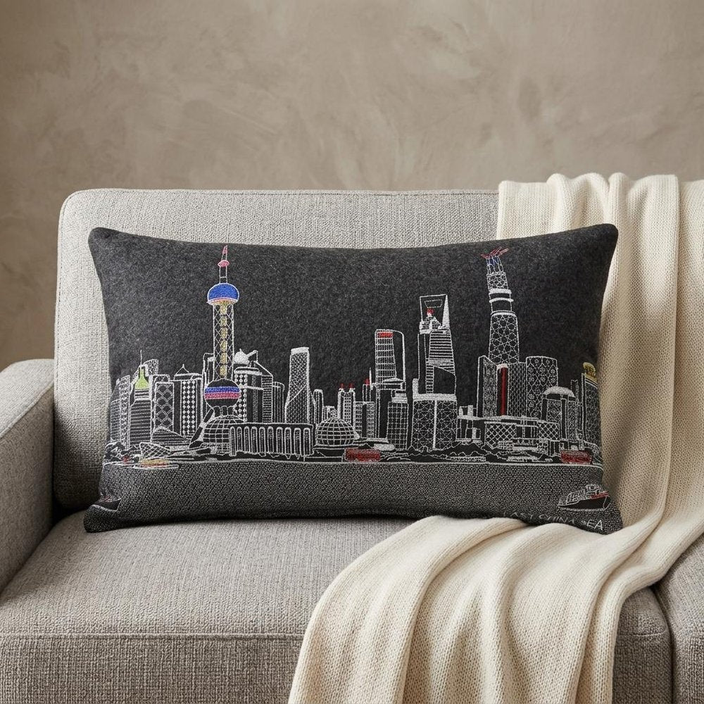 14" X 24" Dark Gray And White Shanghai Nighttime Skyline Lumbar Decorative Pillow HomeRoots