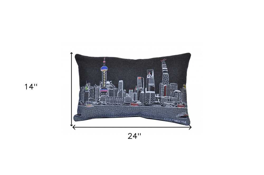 14" X 24" Dark Gray And White Shanghai Nighttime Skyline Lumbar Decorative Pillow — view 4
