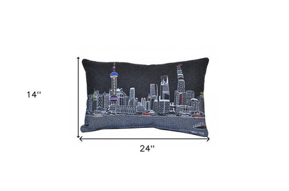 14" X 24" Dark Gray And White Shanghai Nighttime Skyline Lumbar Decorative Pillow HomeRoots