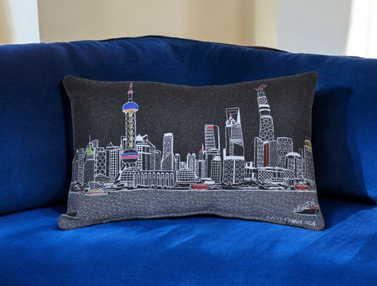 25" Black Shanghai  Nighttime Skyline Lumbar Decorative Pillow FurniFindUSA