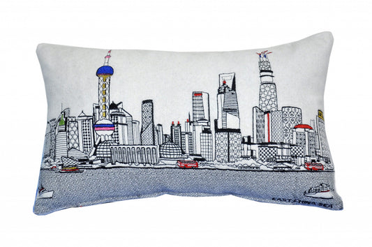 25" White Shanghai Daylight Skyline Lumbar Decorative Pillow FurniFindUSA