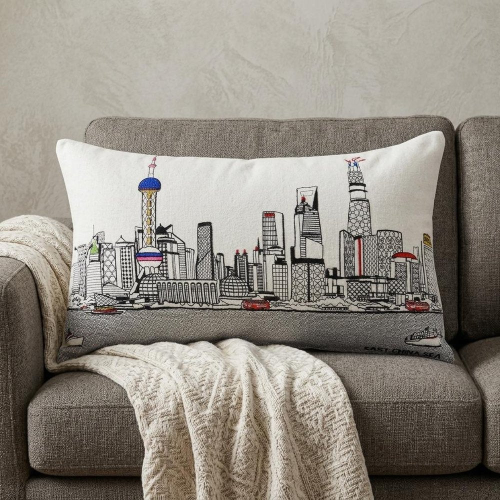 14" X 24" Dark Gray And White Shanghai Nighttime Skyline Lumbar Decorative Pillow HomeRoots