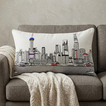 14" X 24" Dark Gray And White Shanghai Nighttime Skyline Lumbar Decorative Pillow HomeRoots