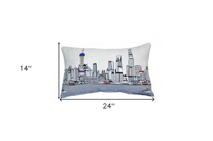 14" X 24" Dark Gray And White Shanghai Nighttime Skyline Lumbar Decorative Pillow HomeRoots