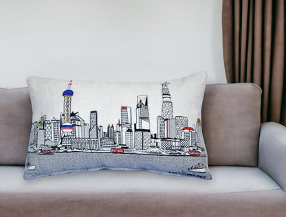 25" White Shanghai Daylight Skyline Lumbar Decorative Pillow FurniFindUSA