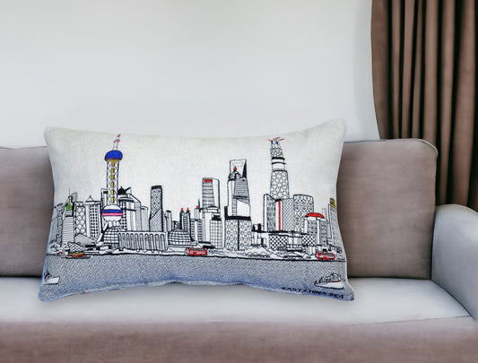 25" White Shanghai Daylight Skyline Lumbar Decorative Pillow FurniFindUSA