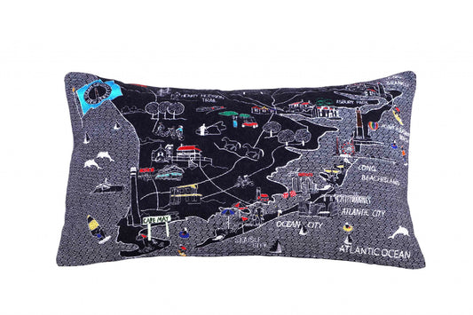 25" Black Jersey Shore Nighttime Skyline Lumbar Decorative Pillow FurniFindUSA