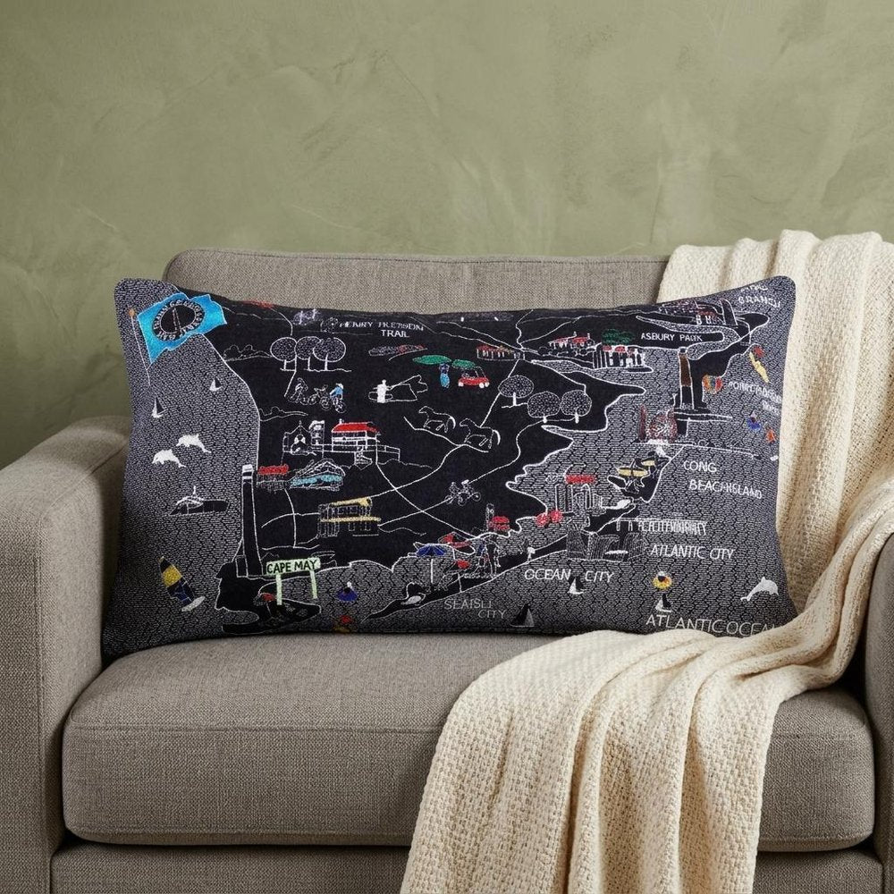 14" X 25" Dark Gray And White Lumbar Jersey Shore Nighttime Skyline Lumbar Decorative Pillow — view 1