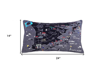 14" X 25" Dark Gray And White Lumbar Jersey Shore Nighttime Skyline Lumbar Decorative Pillow HomeRoots