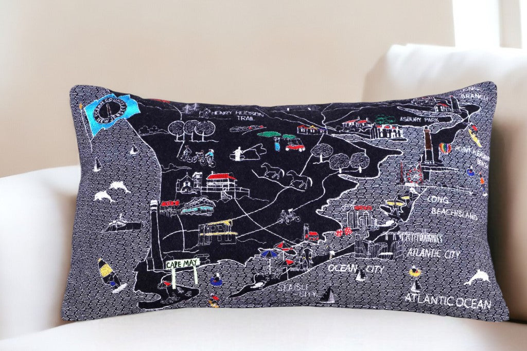 25" Black Jersey Shore Nighttime Skyline Lumbar Decorative Pillow FurniFindUSA