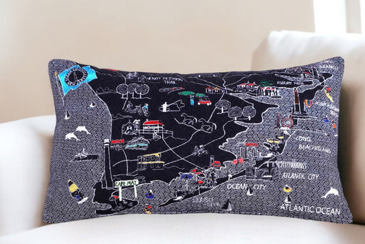 25" Black Jersey Shore Nighttime Skyline Lumbar Decorative Pillow FurniFindUSA
