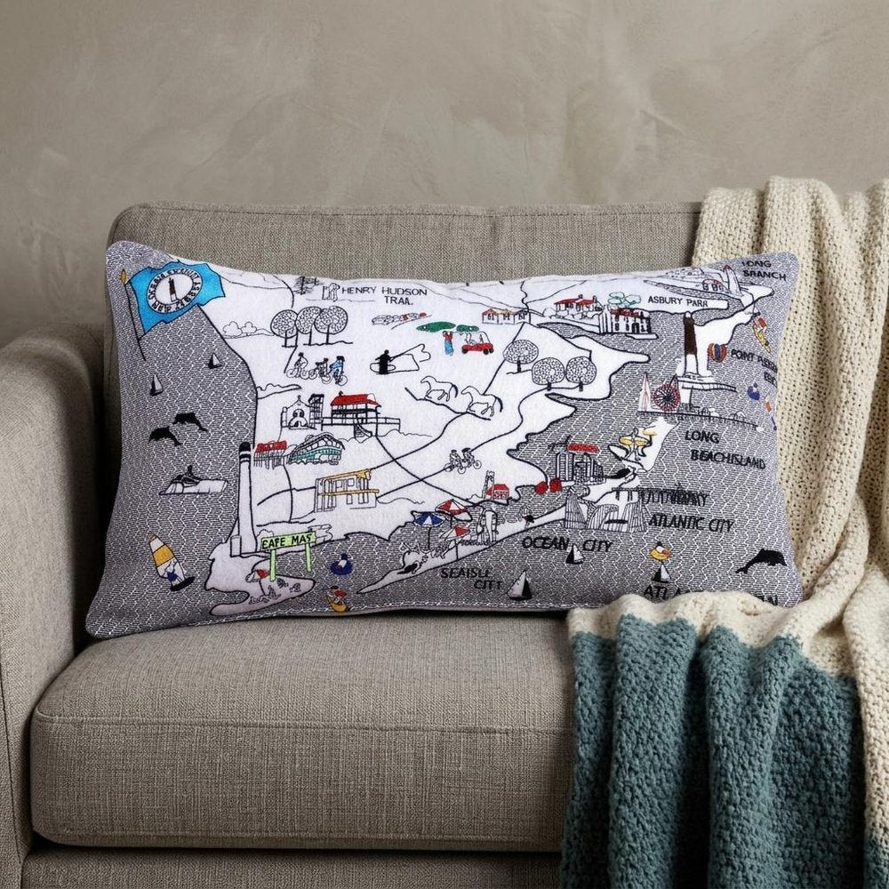 14" X 25" Dark Gray And White Lumbar Jersey Shore Nighttime Skyline Lumbar Decorative Pillow HomeRoots