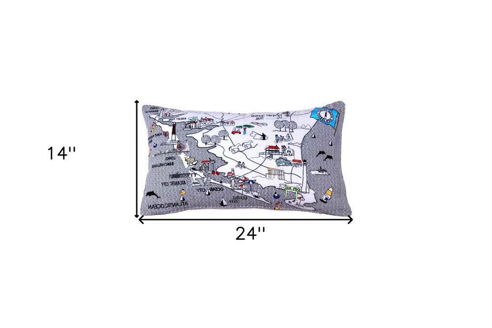 14" X 25" Dark Gray And White Lumbar Jersey Shore Nighttime Skyline Lumbar Decorative Pillow — view 9