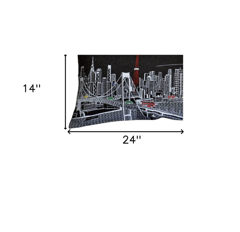 14" X 24" Dark Gray And White Tokyo Nighttime Skyline Lumbar Decorative Pillow HomeRoots