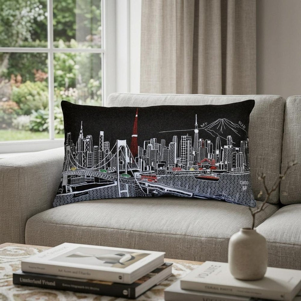 14" X 24" Dark Gray And White Tokyo Nighttime Skyline Lumbar Decorative Pillow — view 1