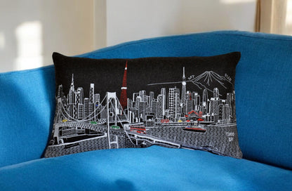 25" Black Tokyo Nighttime Skyline Lumbar Decorative Pillow FurniFindUSA